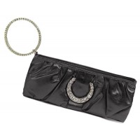 Evening Bag - 12 PCS - Shiny Leather-Like Pleated w/ Crystal Accent Ring - Black - BG-90373B